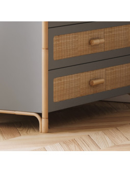 Chest of Drawers Océania in Grey Wood and Rattan - Théo Bébé