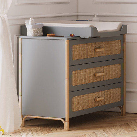 Cassetteria con Fasciatoio Océania in Rattan Grigia - Théo Bébé