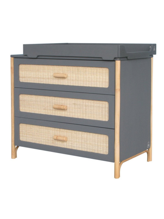 Chest of Drawers Océania in Grey Wood and Rattan - Théo Bébé