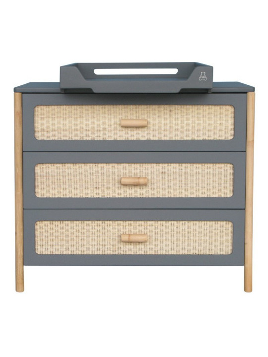Chest of Drawers Océania in Grey Wood and Rattan - Théo Bébé