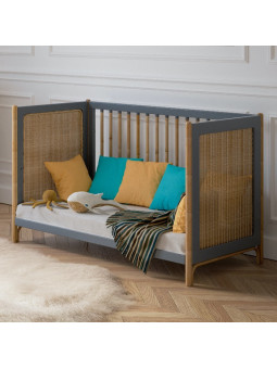 Evolutive Bed Océania 60x120 in grey wood and rattan - Théo Bébé