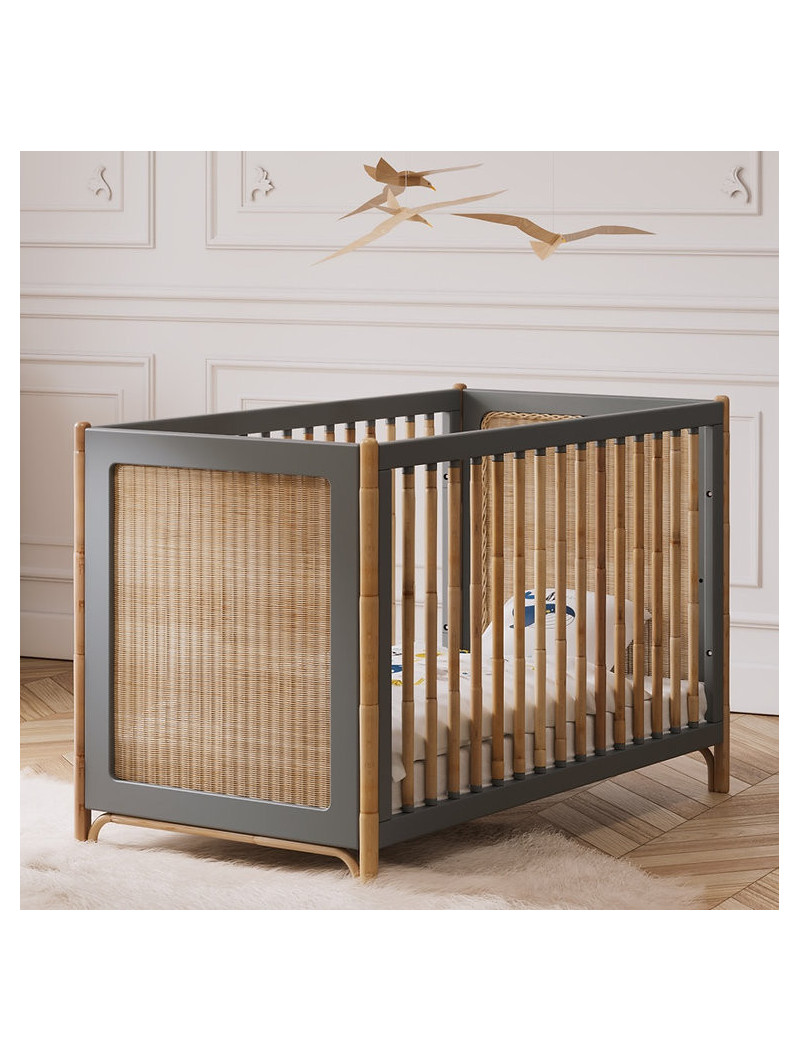 Evolutive Bed Océania 60x120 in grey wood and rattan - Théo Bébé