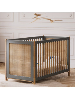 Evolutive Bed Océania 60x120 in grey wood and rattan - Théo Bébé