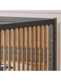 Evolutive Cot Bed Océania 70x140 in grey wood and rattan - Théo Bébé