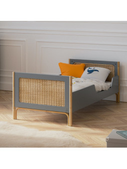 Evolutive Cot Bed Océania 70x140 in grey wood and rattan - Théo Bébé