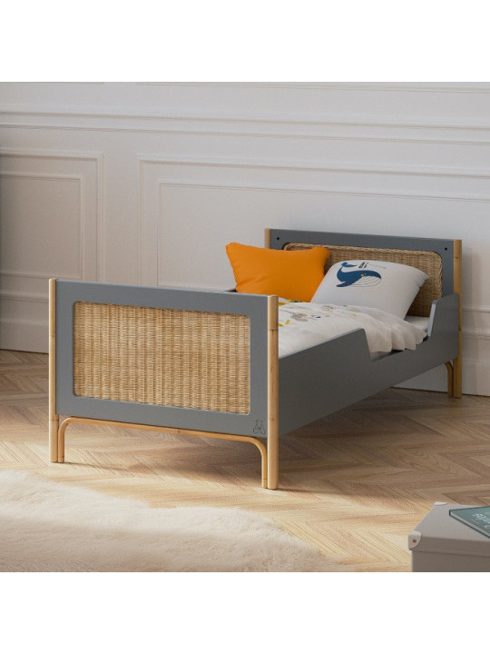 Evolutive Cot Bed Océania 70x140 in grey wood and rattan - Théo Bébé