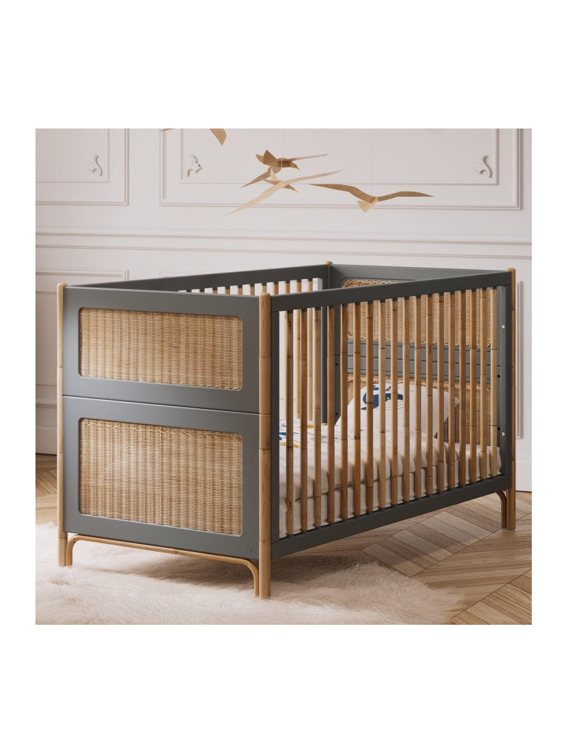 Culla / Lettino evolutivo Océania 70x140 in legno grigio e rattan - Théo Bébé