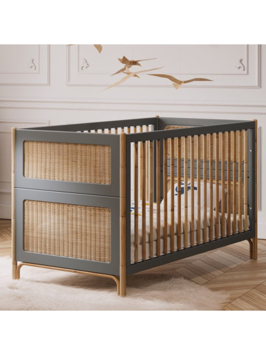 Evolutive Cot Bed Océania 70x140 in grey wood and rattan - Théo Bébé