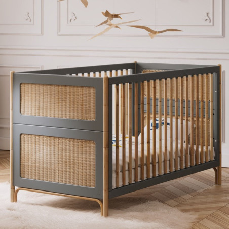 Culla / Lettino evolutivo Océania 70x140 in legno grigio e rattan - Théo Bébé