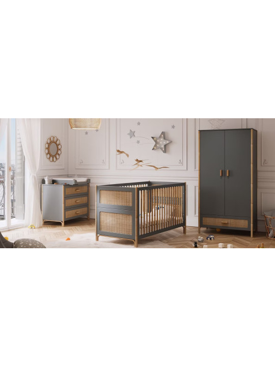 Culla / Lettino evolutivo Océania 70x140 in legno grigio e rattan - Théo Bébé