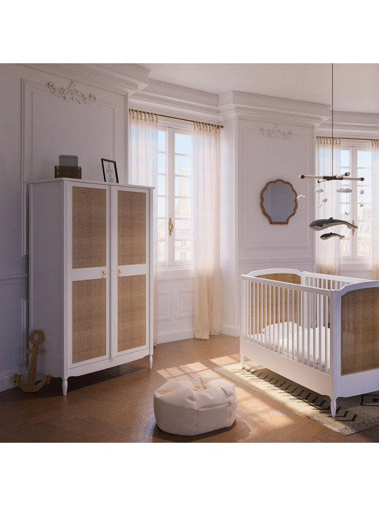 Children's Wardrobe Hermione in White Wood & Rattan - Théo Bébé