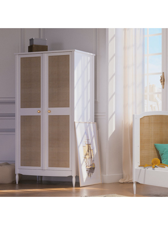 Children's Wardrobe Hermione in White Wood & Rattan - Théo Bébé
