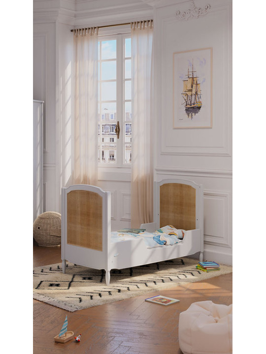 Children's Evolutive Bed Hermione 60x120 in White Wood & Rattan - Théo Bébé