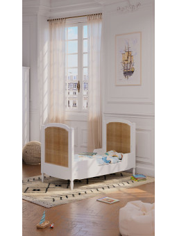 Children's Evolutive Bed Hermione 60x120 in White Wood & Rattan - Théo Bébé