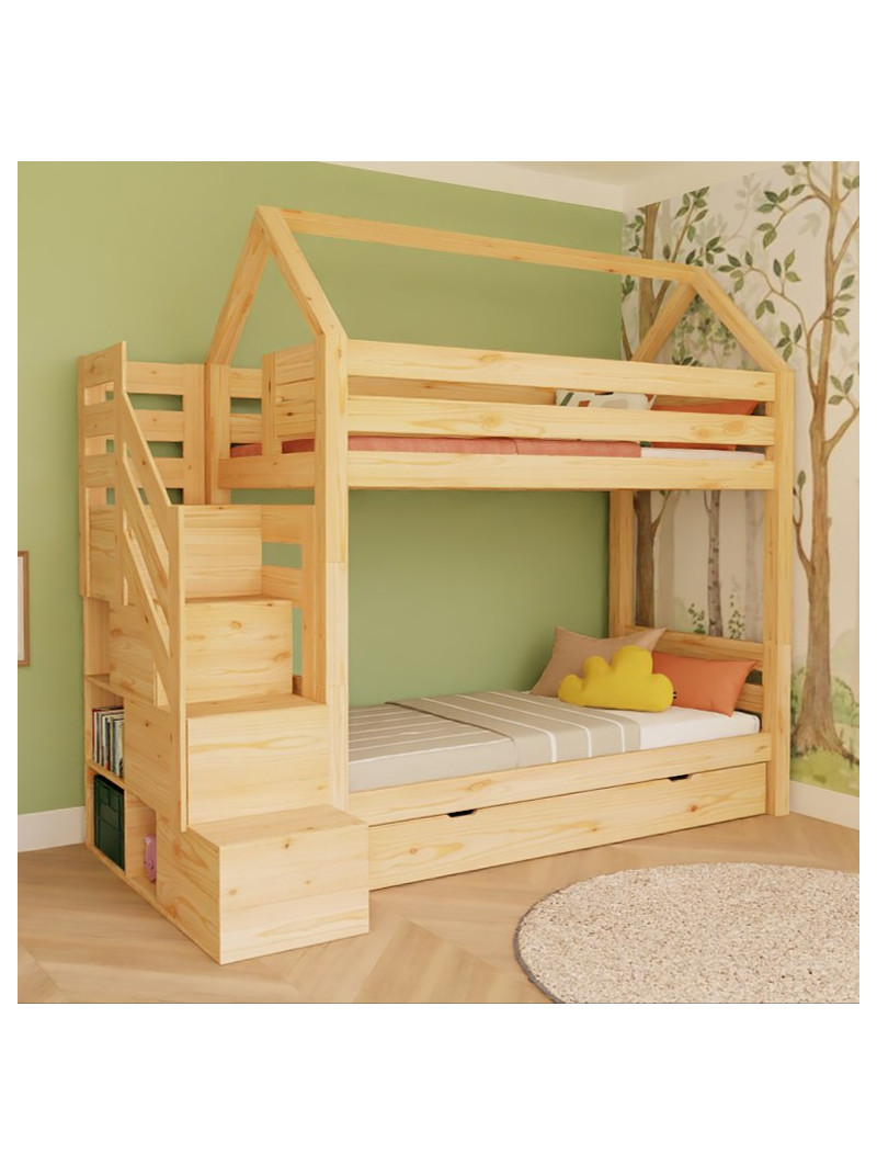 Letto a castello casetta Alpy con scala contenitore laterale - Benlemi