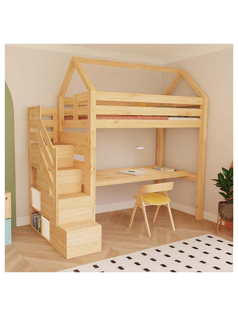 Children's House loft bed Manaslu with storage staris and desk - Benlemi