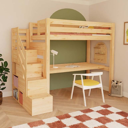 Children's Loft Bed Makalu with storage stairs and desk - Benlemi