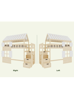 Letto a soppalco Cottage con scale contenitore, finestre e tetto - Benlemi