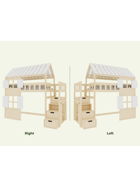 Children's Raised bed Cottage with storage stairs, windows and roof - Benlemi
