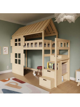 Letto a soppalco Cottage con scale contenitore, finestre e tetto - Benlemi