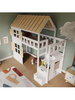 Children's Raised bed Cottage with storage stairs, windows and roof - Benlemi