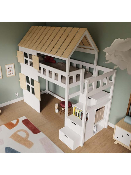 Children's Raised bed Cottage with storage stairs, windows and roof - Benlemi