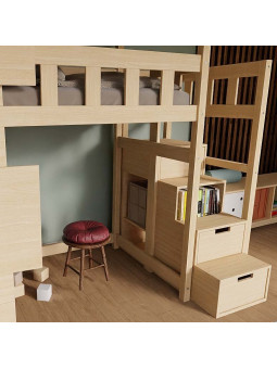 Letto a soppalco Cottage con scale contenitore, finestre e tetto - Benlemi