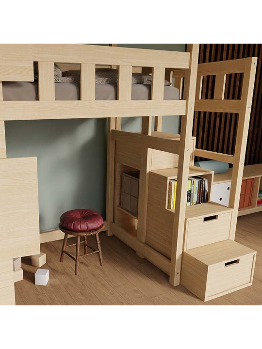 Children's Raised bed Cottage with storage stairs, windows and roof - Benlemi