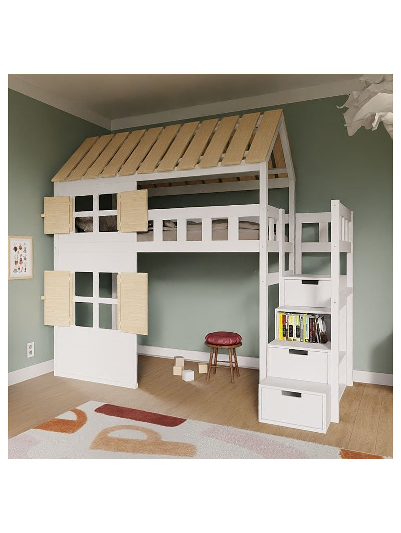 Children's Raised bed Cottage with storage stairs, windows and roof - Benlemi