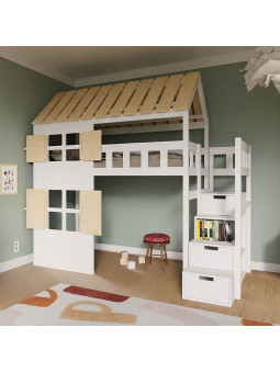 Children's Raised bed Cottage with storage stairs, windows and roof - Benlemi