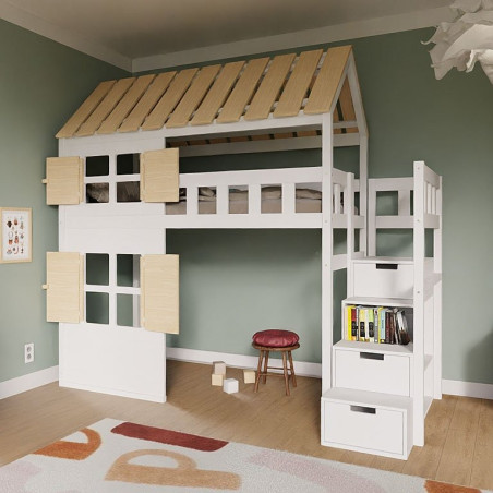 Children's Raised bed Cottage with storage stairs, windows and roof - Benlemi