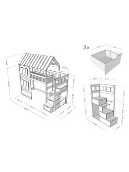 Children's Raised bed Cottage with storage stairs, windows and roof - Benlemi