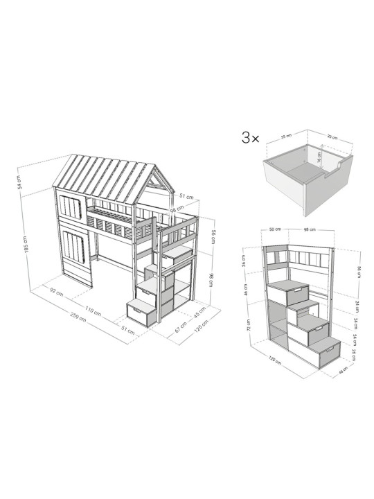 Children's Raised bed Cottage with storage stairs, windows and roof - Benlemi