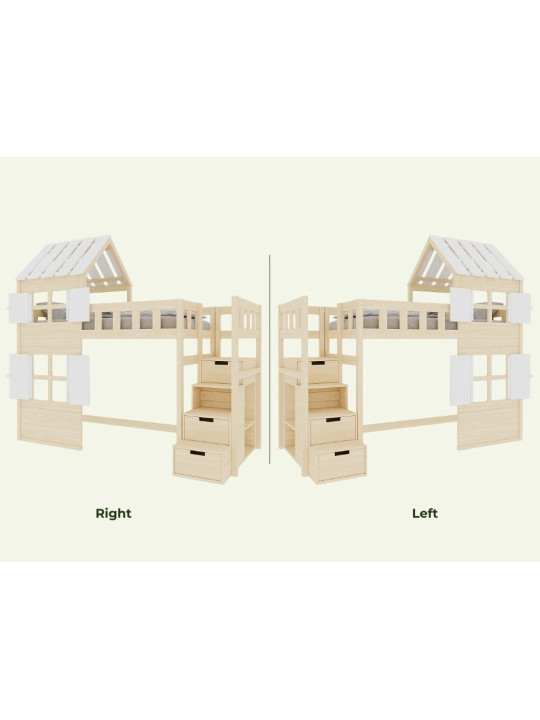 Letto a soppalco per bambini Cottage con mezzo tetto e scale contenitore - Benlemi