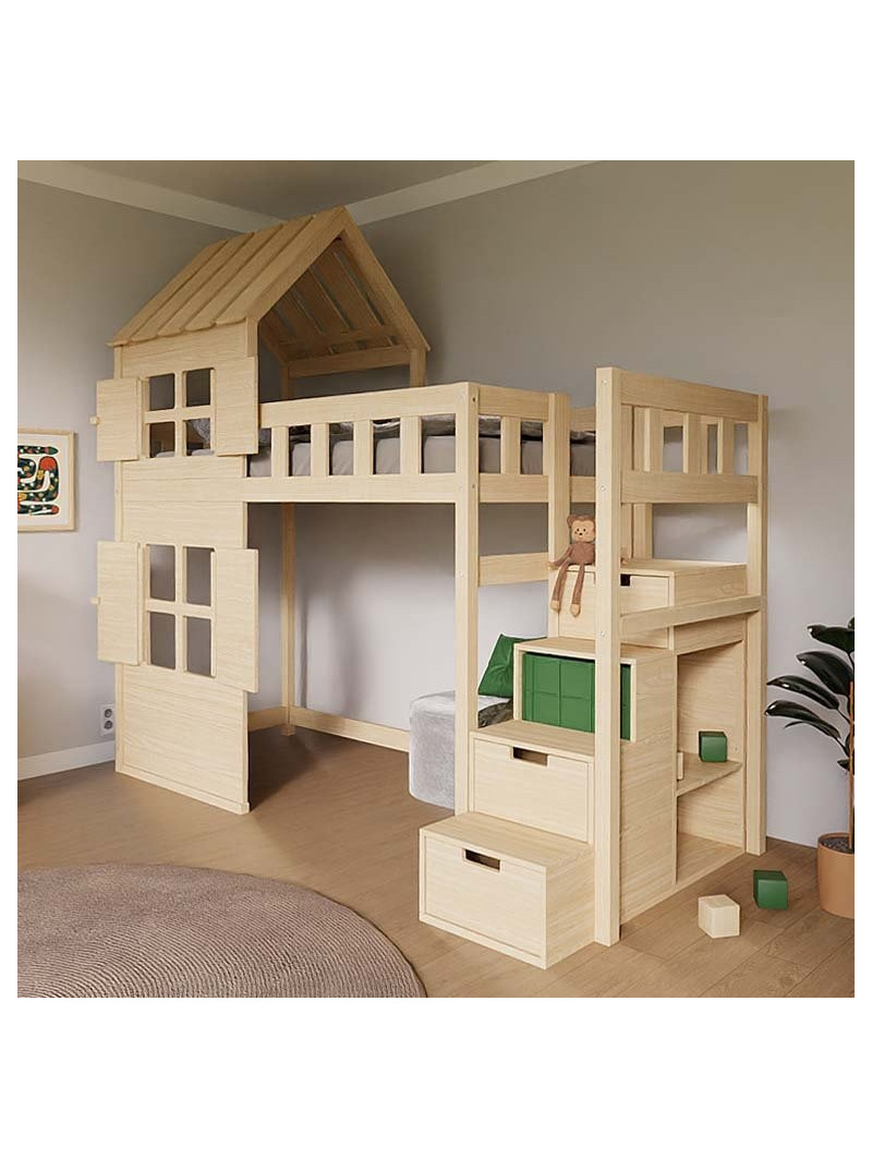 Children's Raised bed Cottage with half roof and storage stairs - Benlemi