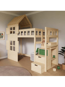 Children's Raised bed Cottage with half roof and storage stairs - Benlemi