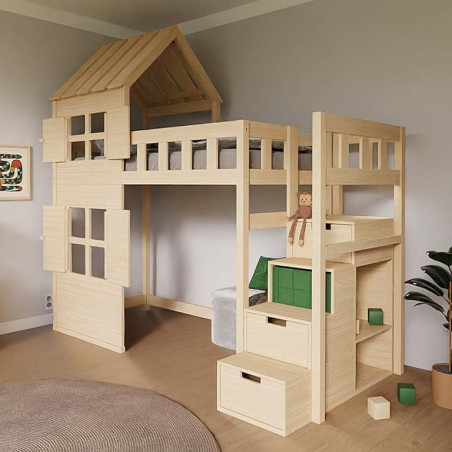 Children's Raised bed Cottage with half roof and storage stairs - Benlemi