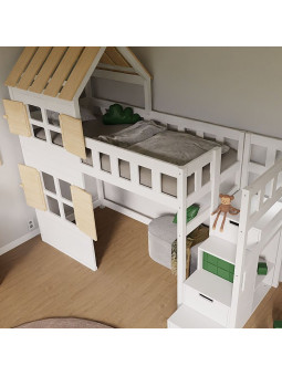 Children's Raised bed Cottage with half roof and storage stairs - Benlemi