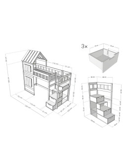Children's Raised bed Cottage with half roof and storage stairs - Benlemi