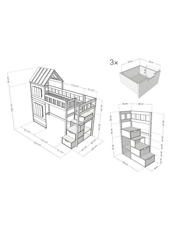 Letto a soppalco per bambini Cottage con mezzo tetto e scale contenitore - Benlemi