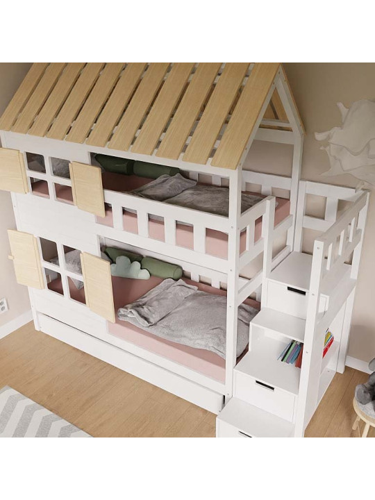 Letto a castello Cottage con scale contenitore per bambini - Benlemi