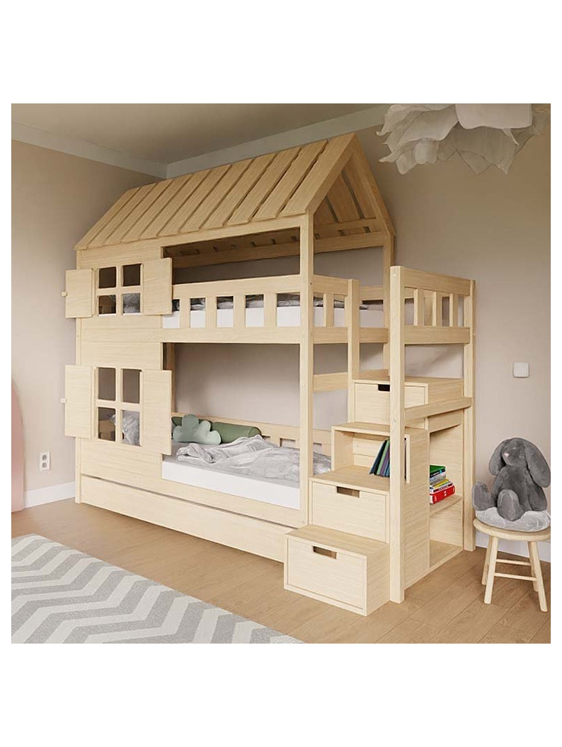 Children's House-shaped bunk bed Cottage with storage stairs - Benlemi