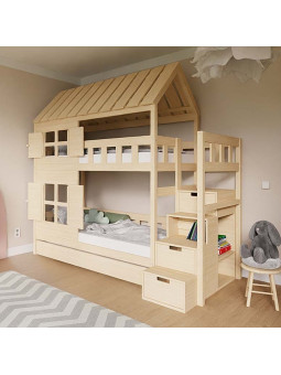Children's House-shaped bunk bed Cottage with storage stairs - Benlemi