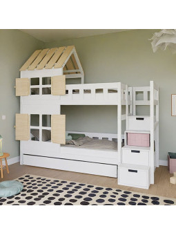 Children's House-shaped bunk bed Cottage with half roof and storage stairs - Benlemi