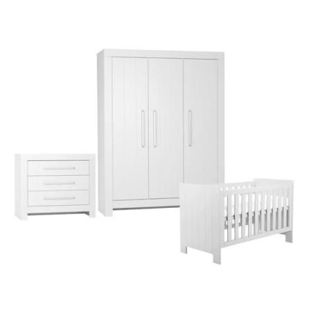 Cameretta completa 3 pezzi con Armadio, Cassettiera e Culla 60x120 trasformabile in lettino in Legno Bianco collezione Calmo