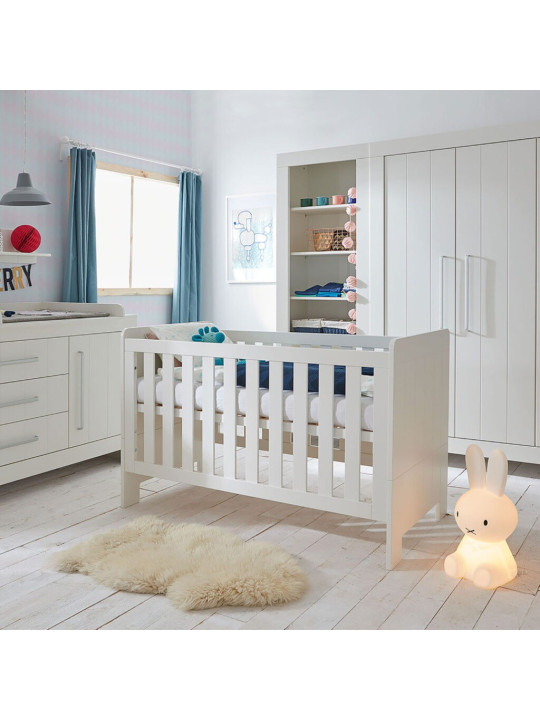 Cameretta completa 3 pezzi con Armadio, Cassettiera e Culla 60x120 trasformabile in lettino in Legno Bianco collezione Calmo