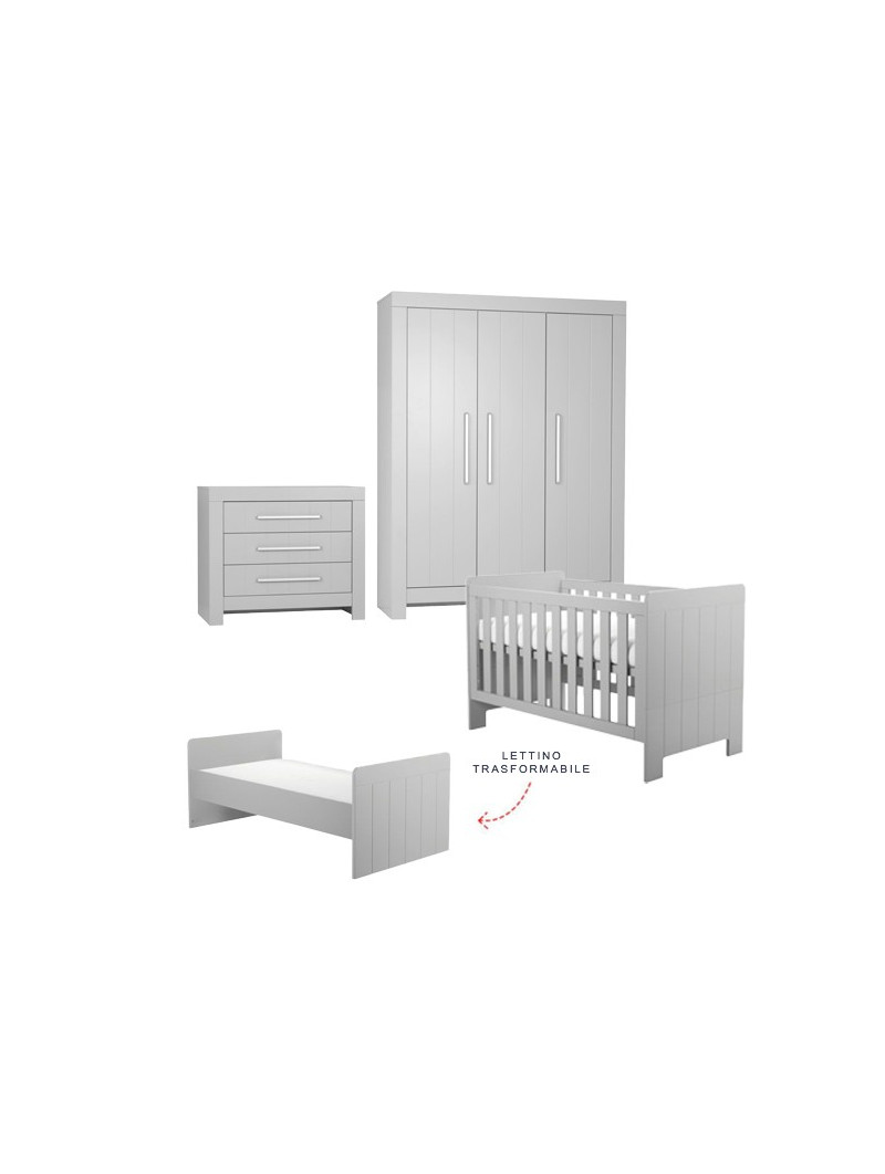 Cameretta completa 3 pezzi con Armadio, Cassettiera e Culla 70x140 trasformabile in lettino in Legno grigio collezione Calmo