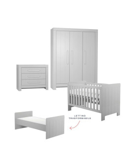 Cameretta completa 3 pezzi con Armadio, Cassettiera e Culla 70x140 trasformabile in lettino in Legno grigio collezione Calmo