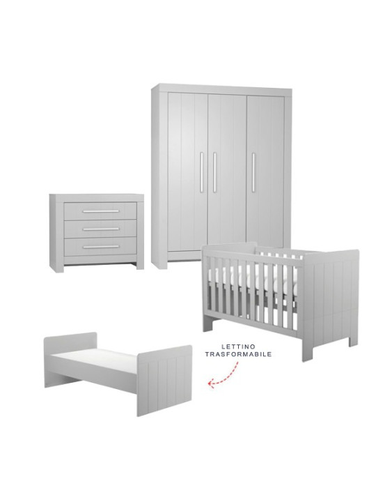 Cameretta completa 3 pezzi con Armadio, Cassettiera e Culla 70x140 trasformabile in lettino in Legno grigio collezione Calmo