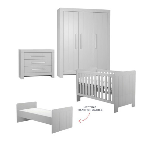 Cameretta completa 3 pezzi con Armadio, Cassettiera e Culla 70x140 trasformabile in lettino in Legno grigio collezione Calmo